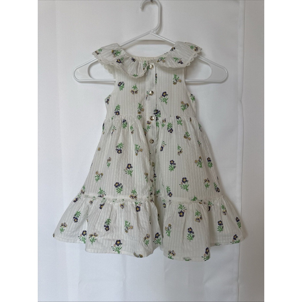 Shabby Chic Little Girls Floral Dress size 3T Front Ruffle Bow Cream Green Boho